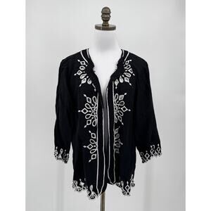 Bob Mackie Wearable Art Black White Embroidered 3/4 Sleeve Open Jacket Sz L